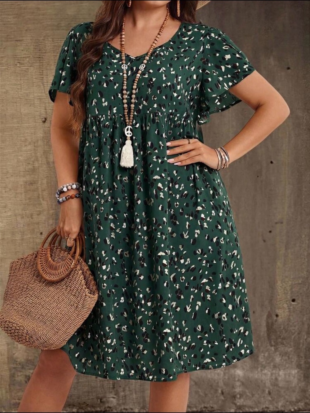 Forest Green Leopard Print Midi Dress with Flutter Sleeves